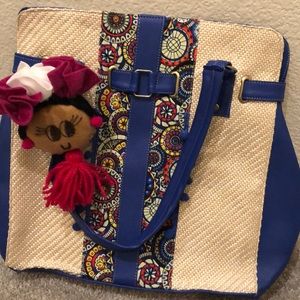 Blue and beige handmade tote bag with chain